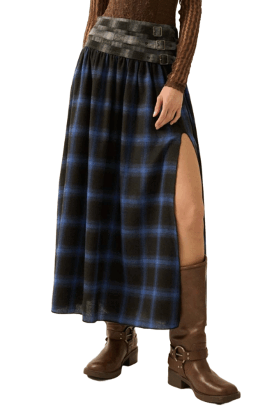 Promesa USA Blue Flannel Drop-Waist Belted Maxi Skirt FSC0089