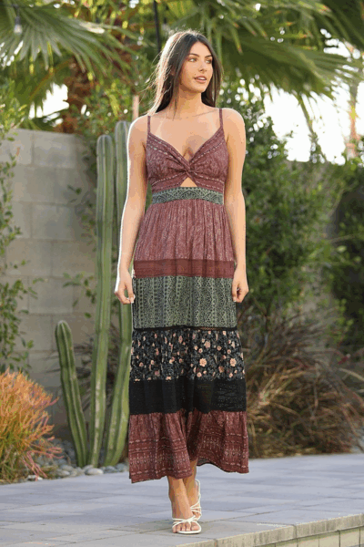 Angie Sage Wine & Black Mixed Print Lace Trim Twist Front Cut Out Maxi Dress C4D77-FR43
