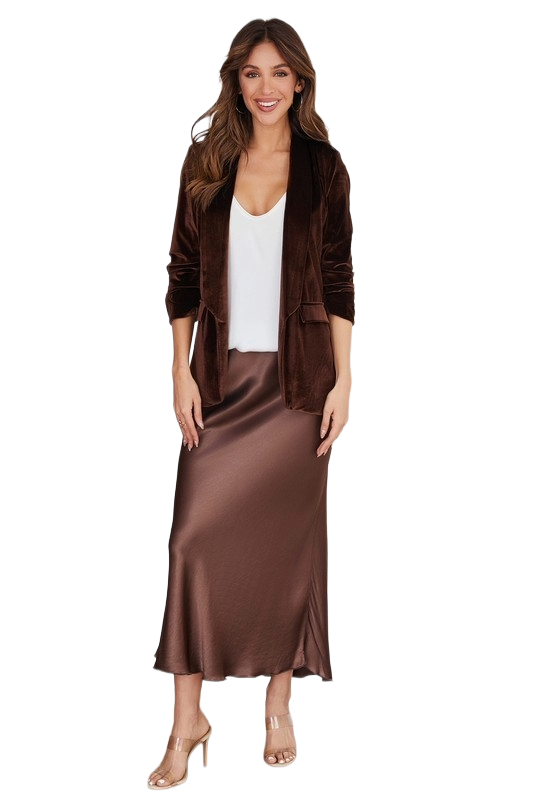 Chocolate‑brown velvet blazer with ruched sleeves and open‑front drape.