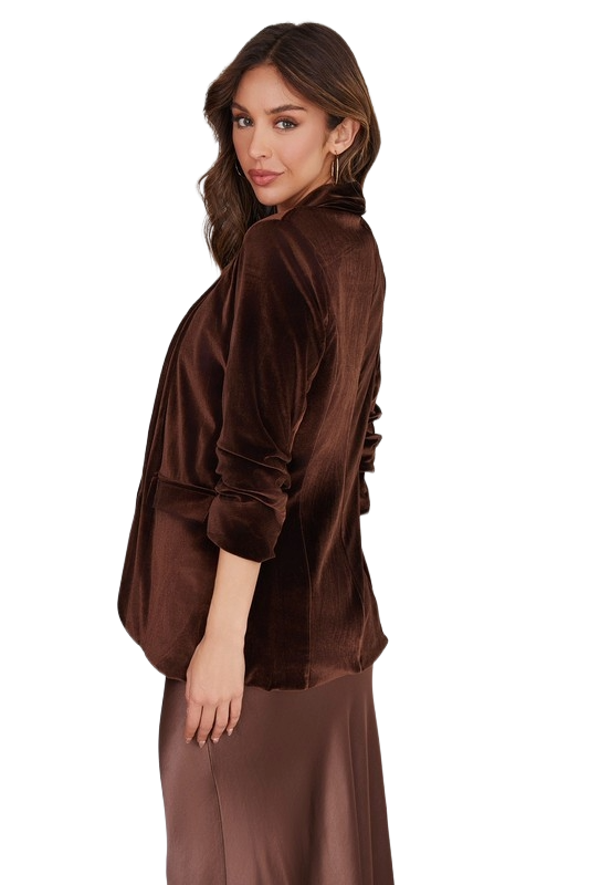 Venti6 Chocolate Brown Ruched Sleeve Velvet Blazer 80172-VELVET