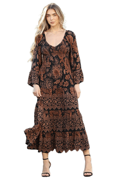 Angie Black Bohemian V-Neck Bell Sleeve Tiered Maxi Dress C4G72-WB08