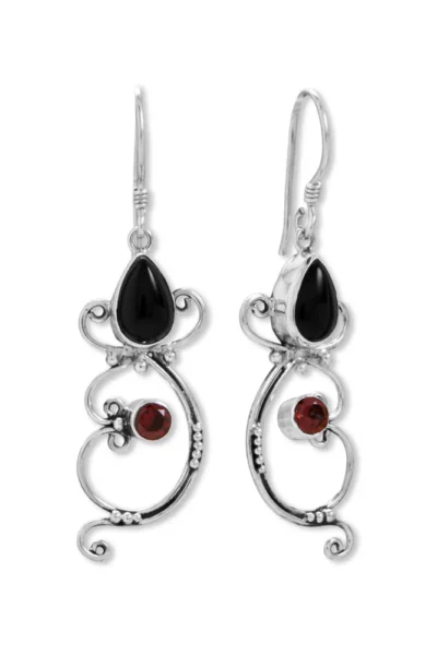 Oxidized sterling silver Balinese earrings with garnet and onyx stones.