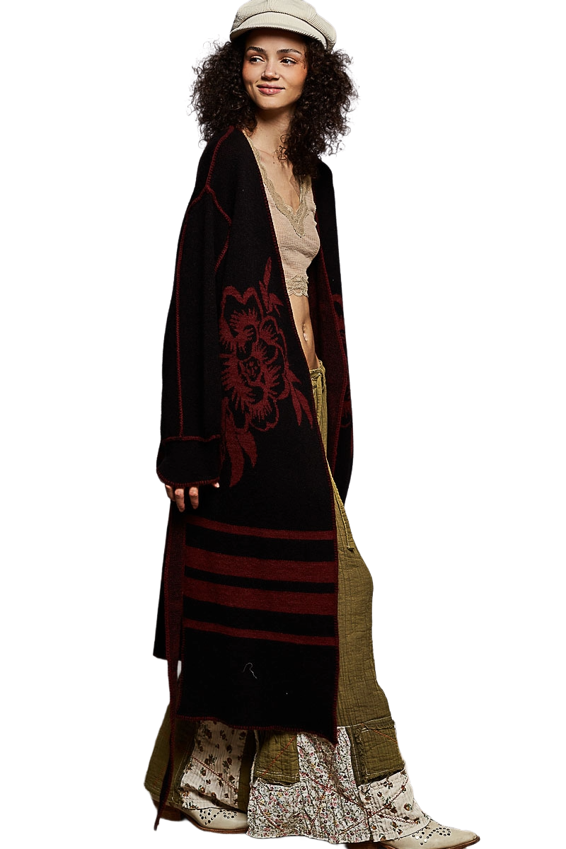 POL Crimson Thistle Belted Long Cardigan | Obsidian‑Bloom Heirloom - Image 3