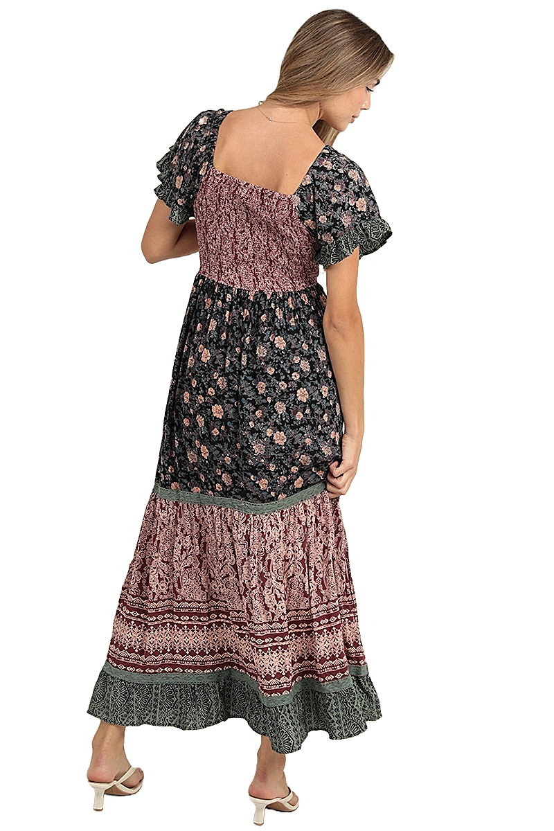 Back view of wine and sage bohemian tiered maxi dress with smocked panel and short sleeves