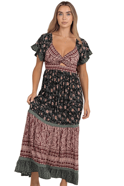 Wine and sage mixed‑print twist‑front maxi dress with flutter sleeves and tiered skirt.