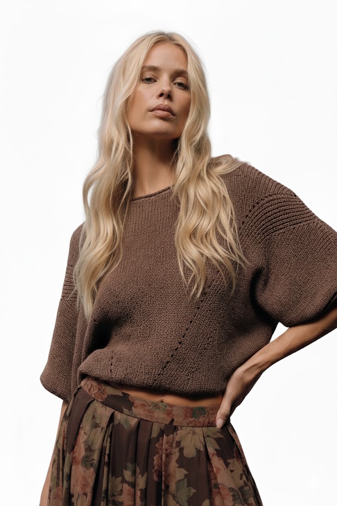 Espresso‑brown pointelle knit cropped sweater by Promesa.