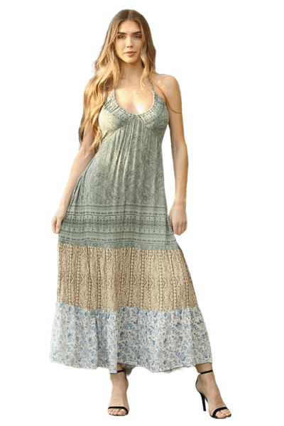 Angie Green Mixed Print Tiered Halter Maxi Dress C4G07-FR43
