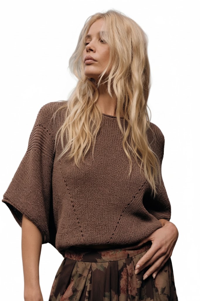 Promesa Espresso Solstice Pointelle Knit Sweater | Soft‑Brown Twilight Weave - Image 2