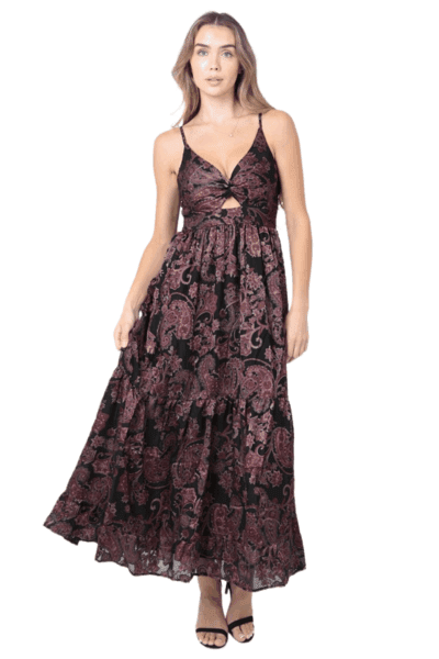 Black burnout‑paisley twist‑front maxi dress with cutout, adjustable straps, and tiered skirt Style #F4F50-SN34
