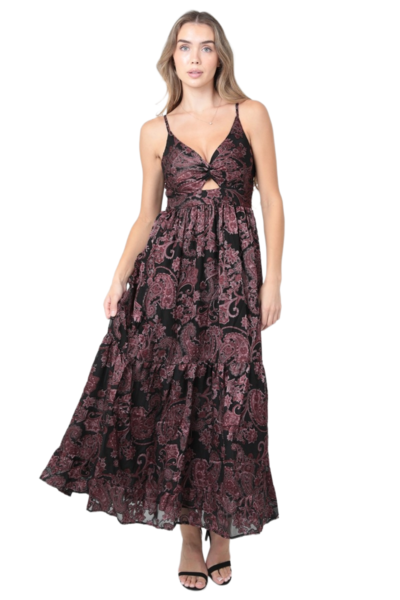 Black burnout‑paisley twist‑front maxi dress with cutout, adjustable straps, and tiered skirt Style #F4F50-SN34
