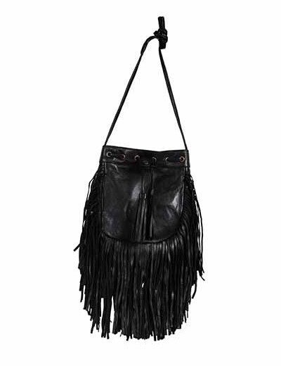 Black leather crossbody bag with long waterfall fringe and a relaxed bohemian silhouette.