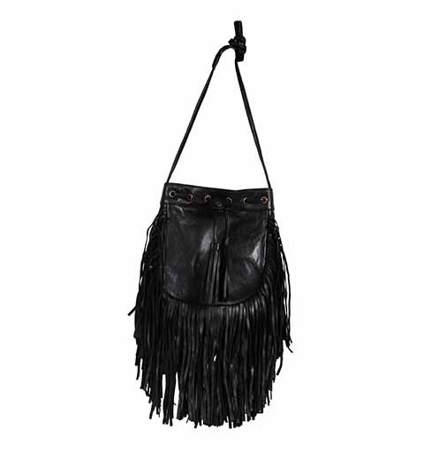 Black leather crossbody bag with long waterfall fringe and a relaxed bohemian silhouette.