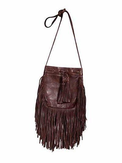 Chocolate leather crossbody bag with long waterfall fringe and soft, relaxed silhouette.