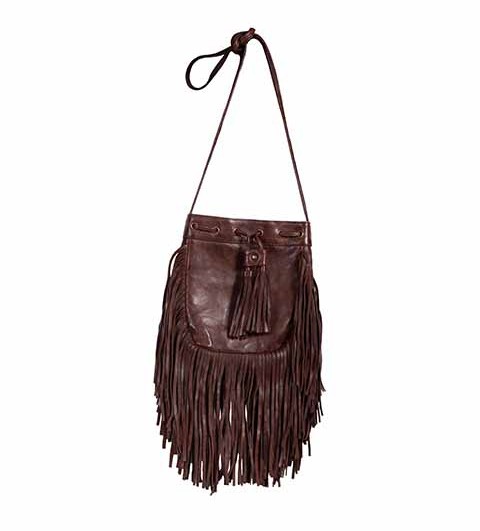 Chocolate leather crossbody bag with long waterfall fringe and soft, relaxed silhouette.