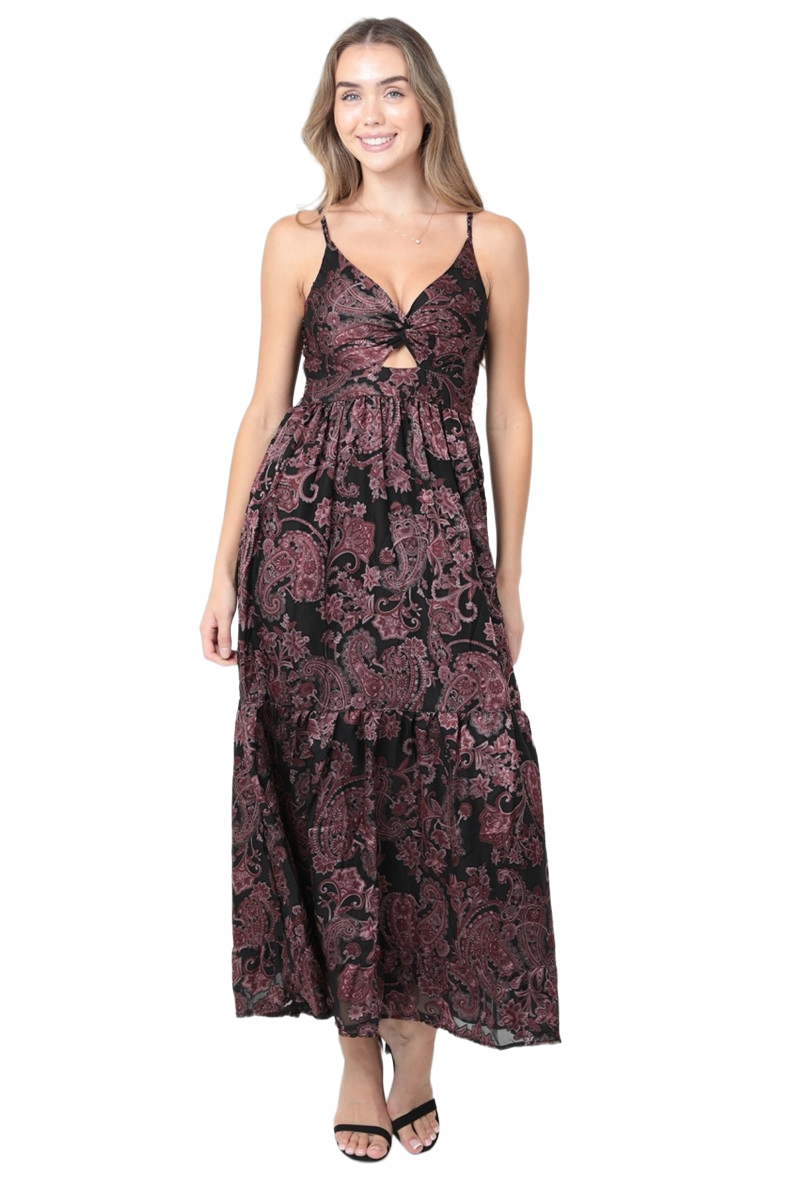 Angie Burnout Paisley Print Twist Front Maxi Dress F4F50-SN34. Alternate Front View.