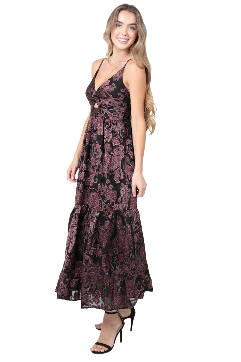 Angie Burnout Paisley Print Twist Front Maxi Dress F4F50-SN34. Side View.