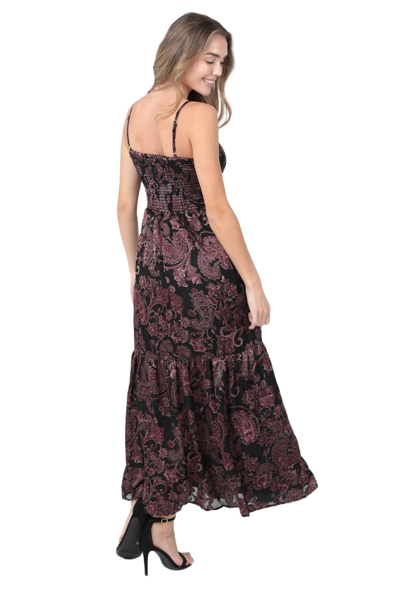Angie Burnout Paisley Print Twist Front Maxi Dress F4F50-SN34. Back View.