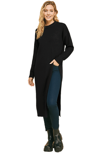 Long black split‑side sweater with round neckline and relaxed silhouette.