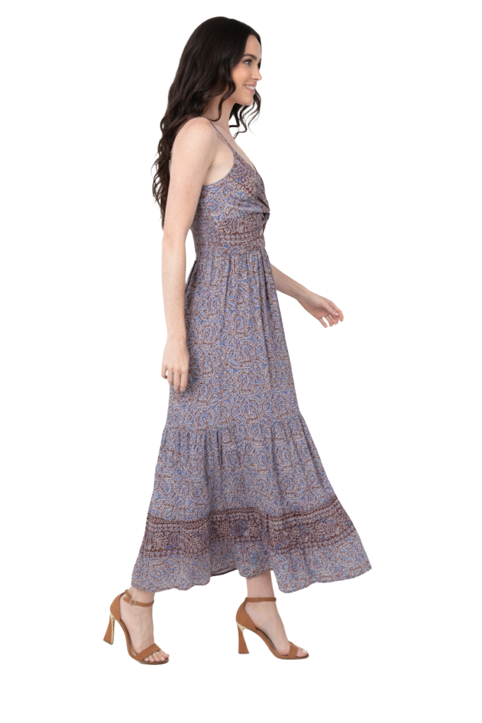 Angie Blue-Sage Paisley Tapestry Rayon Twist-Front Maxi Dress | Celestial Hill Country - Image 2