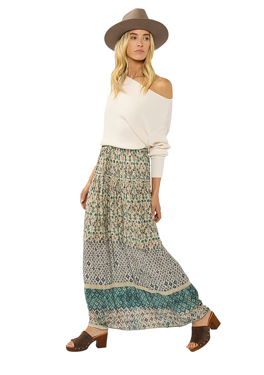 Lovestitch Taupe & Dusty Teal Border Maxi Skirt | Desert‑Teal Reverie - Image 2