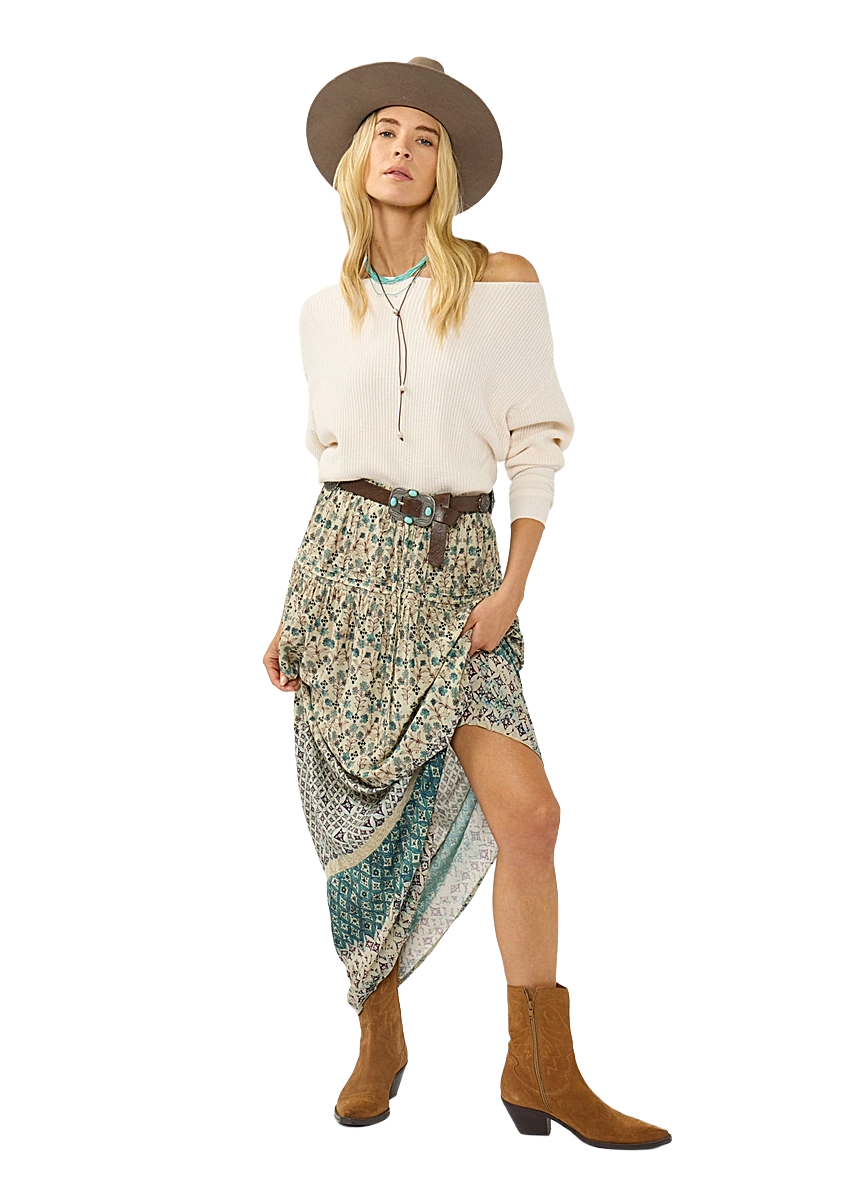 Taupe and dusty‑teal floral border maxi skirt with lace trim and adjustable drawstring waist.