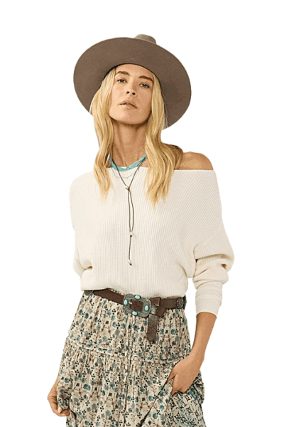 Natural waffle‑knit boat‑neck pullover with tapered Dolman sleeves.