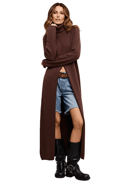 Mimosa Brown Turtleneck Split Front Midi Sweater MD4063_C2