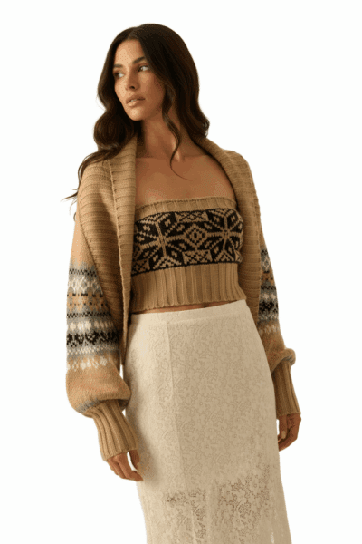 Rib‑knit two‑piece set with strapless tube top and matching long‑sleeve shrug.