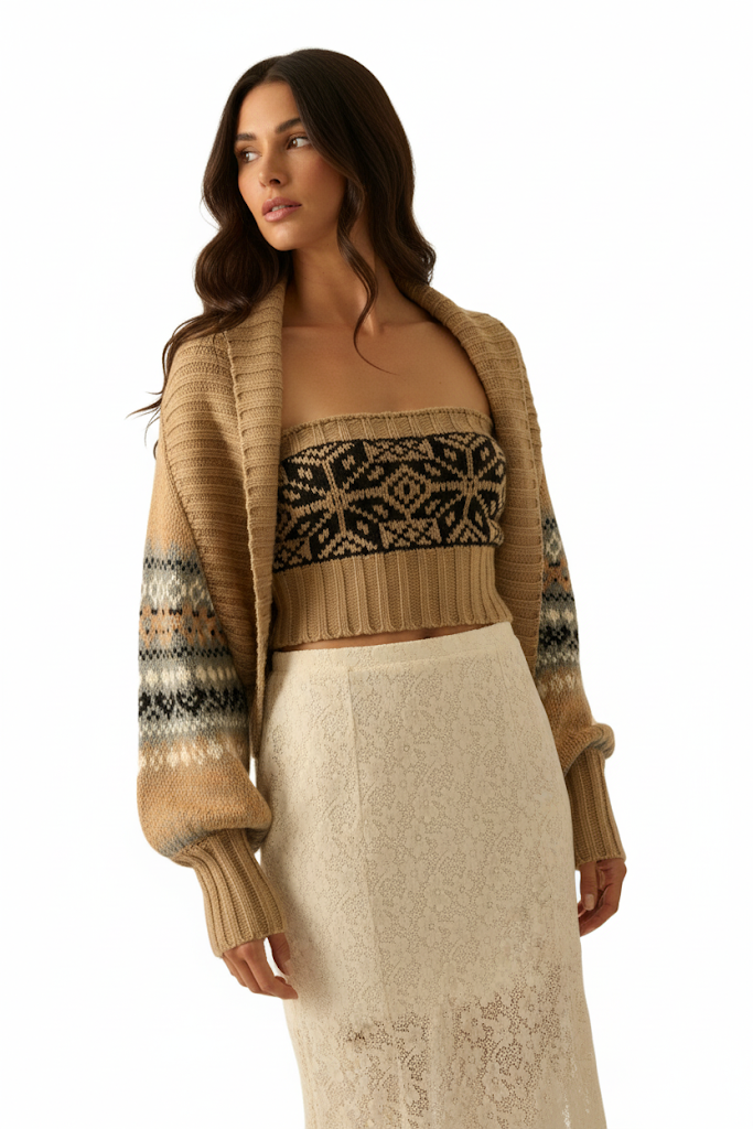 Rib‑knit two‑piece set with strapless tube top and matching long‑sleeve shrug.