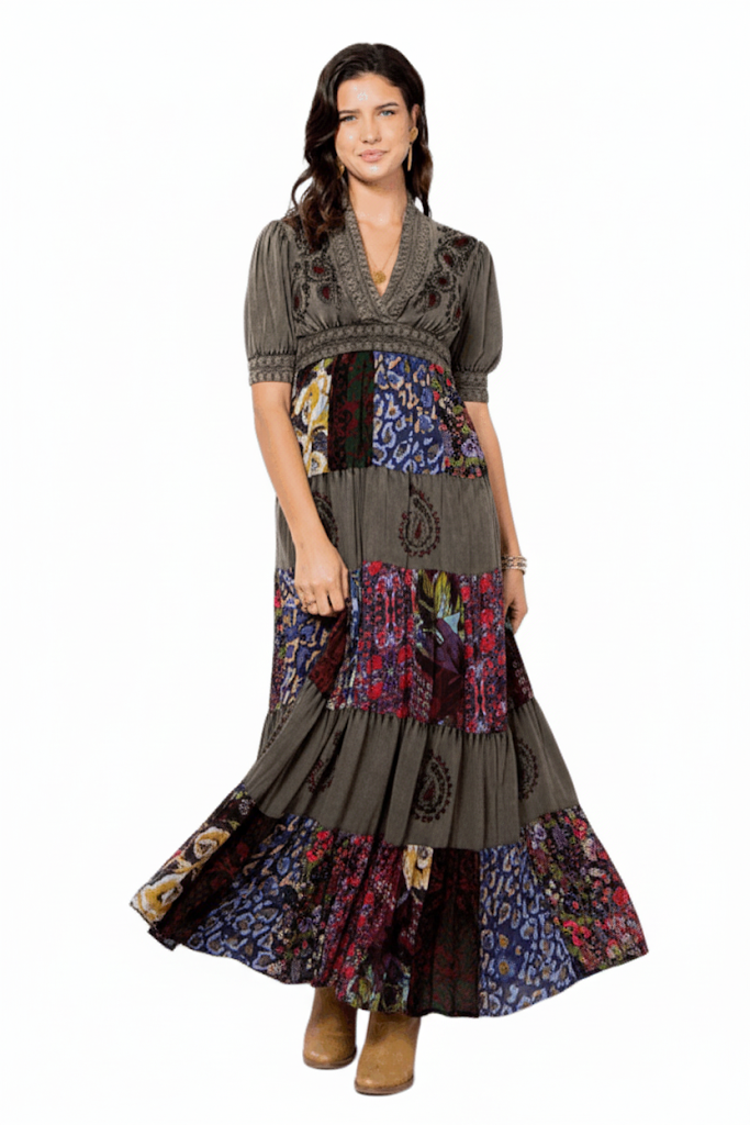 Olive stonewashed embroidered maxi dress with georgette patchwork skirt and puffed sleeves.