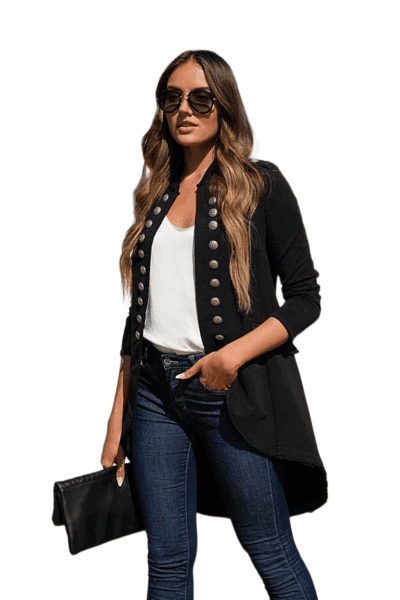 Black hi‑lo military jacket with ornate silver buttons and dramatic sweeping hem.