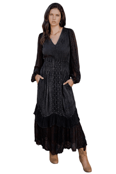 Young Threads charcoal grey embroidered bohemian maxi dress with long sleeves and ruffled hem FGDR44684.