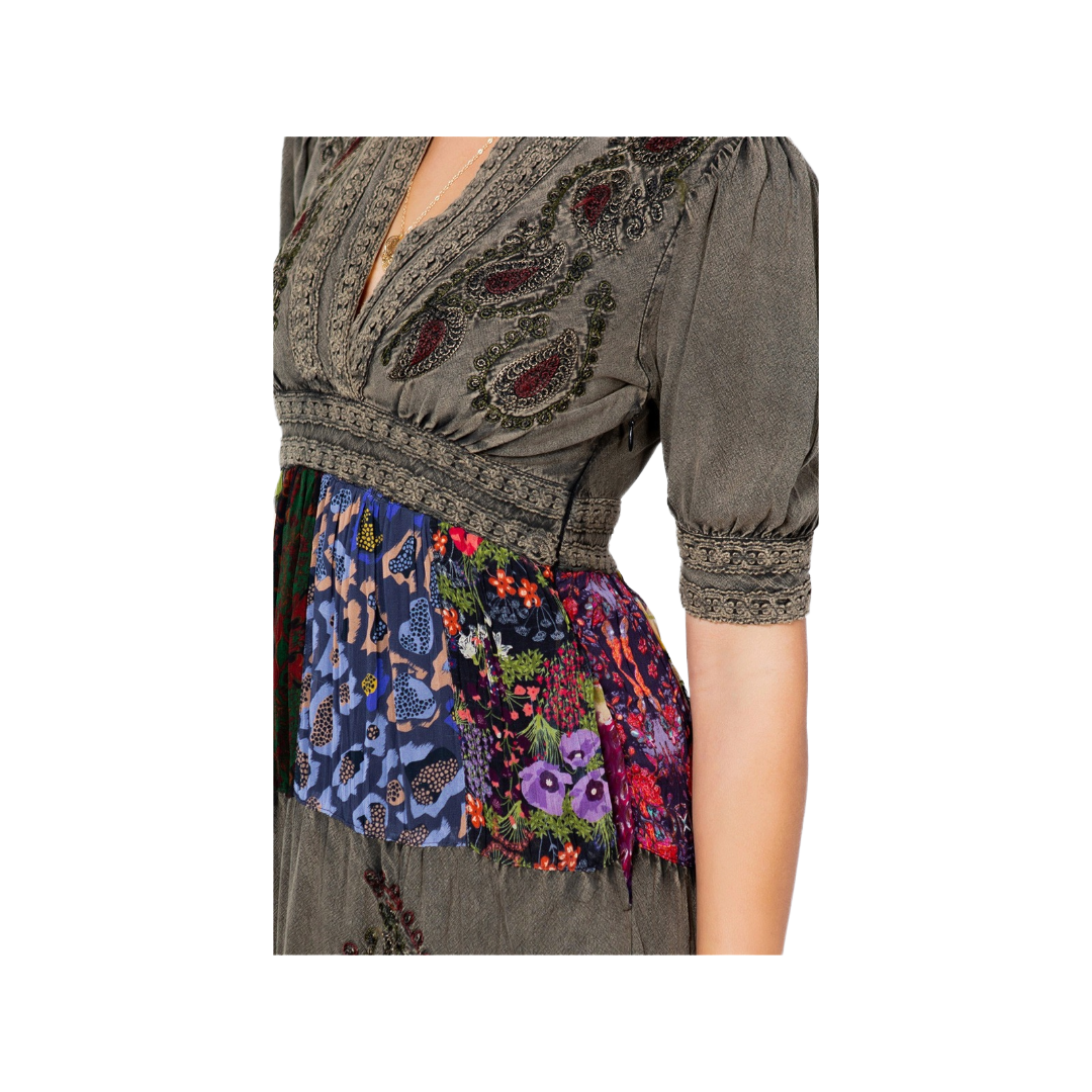 Young Threads Boho Stonewashed Patchwork Maxi Dress | Olive‑Graphite Garden Mosaic - Image 3