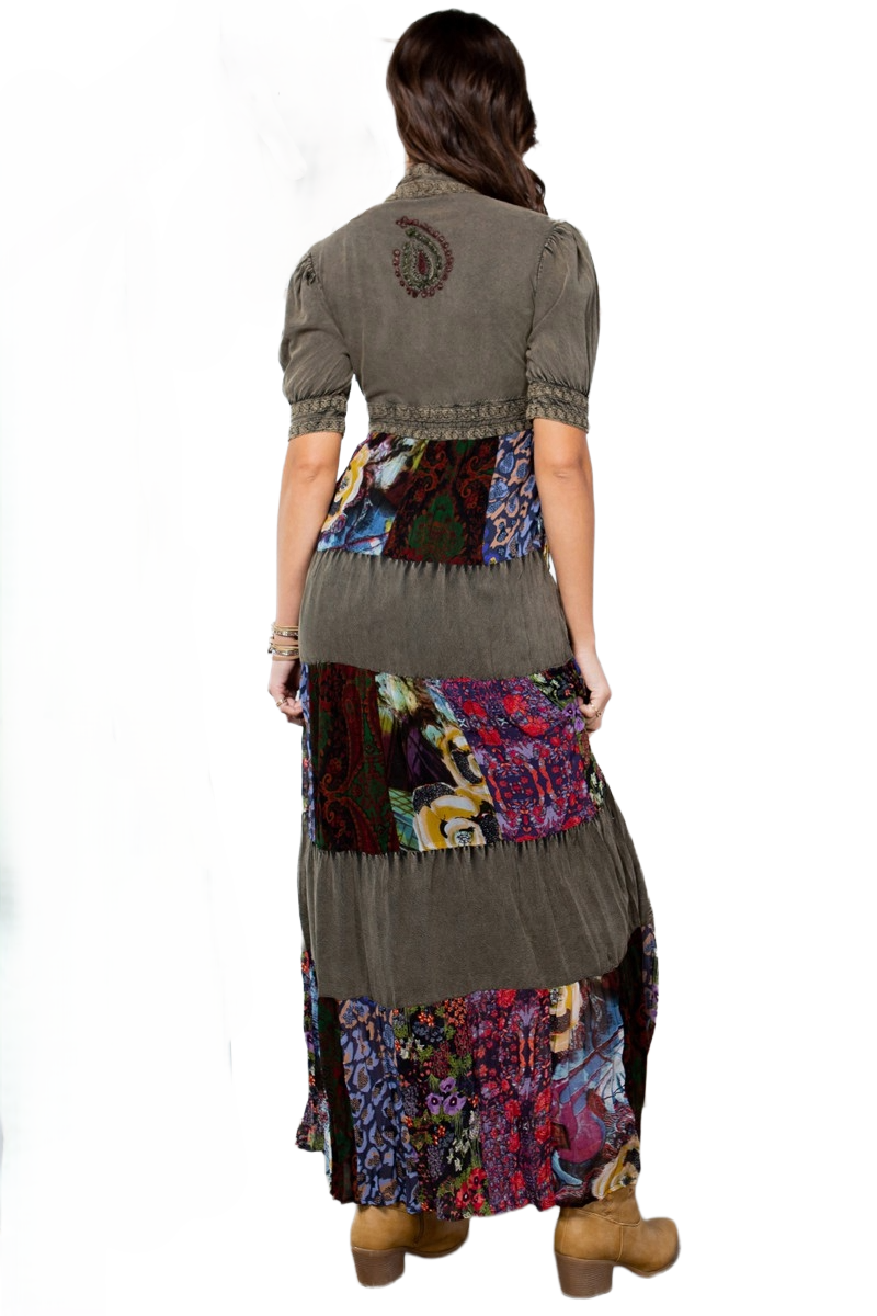 Young Threads Boho Stonewashed Patchwork Maxi Dress | Olive‑Graphite Garden Mosaic - Image 2
