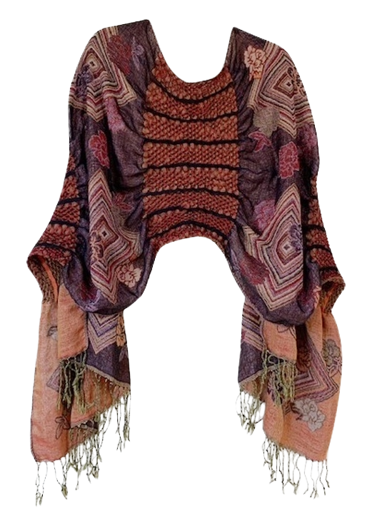 Handmade pashmina shawl in rust, burgundy, and plum with a ruffled center and fringe.