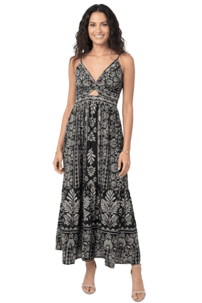 Black and beige botanical twist‑front maxi dress with cutout, adjustable straps, and tiered skirt style # C4E20-A921
