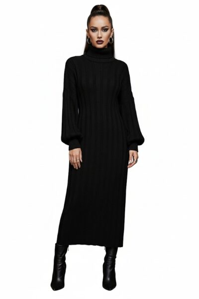 Milio Milano Black Chunky Knit Turtleneck Sweater Midi Dress 6871-BLACK