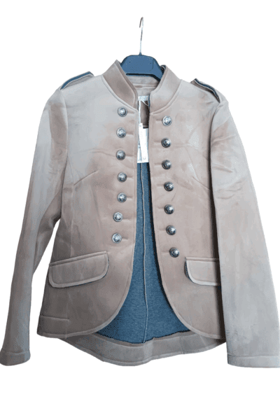 Camel velvet military jacket with ornate silver buttons and shoulder epaulets.
