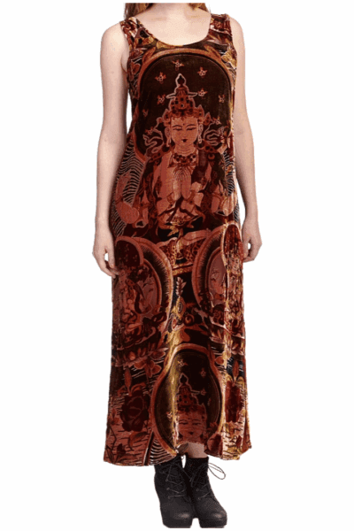 TAN’s Sacred Sanctuary brown burnout velvet Buddha icon maxi dress with rust and burgundy details VBN17.