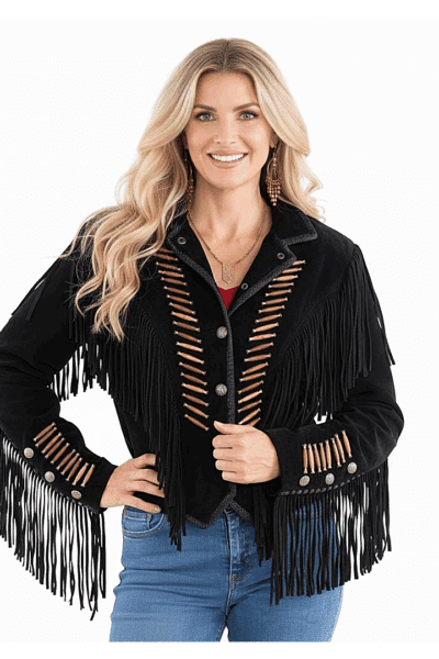 Black genuine‑suede fringed jacket with bone‑bead buttons by Scully.