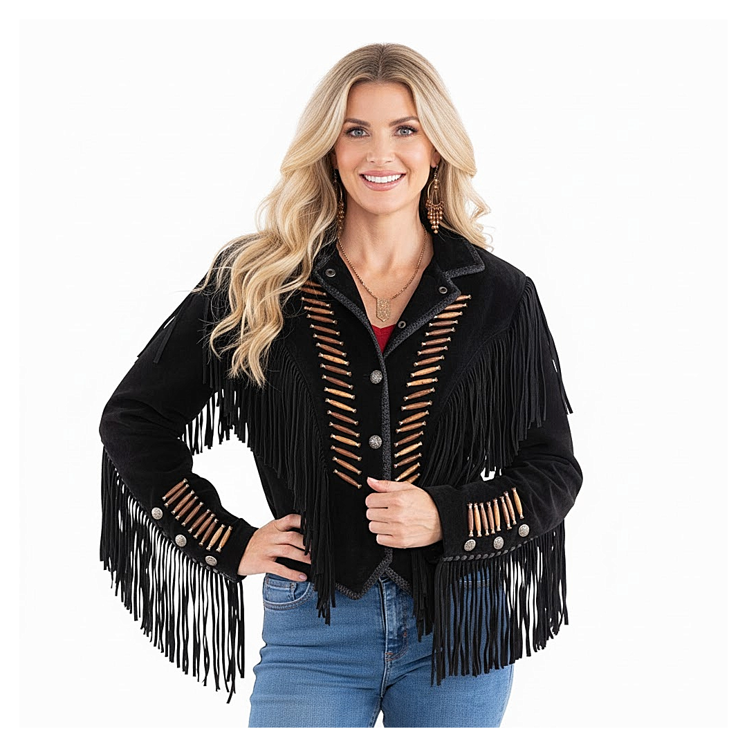 Black genuine‑suede fringed jacket with bone‑bead buttons by Scully.