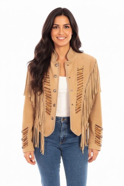 Old Rust genuine‑suede fringed jacket with bone‑bead buttons and concho accents.