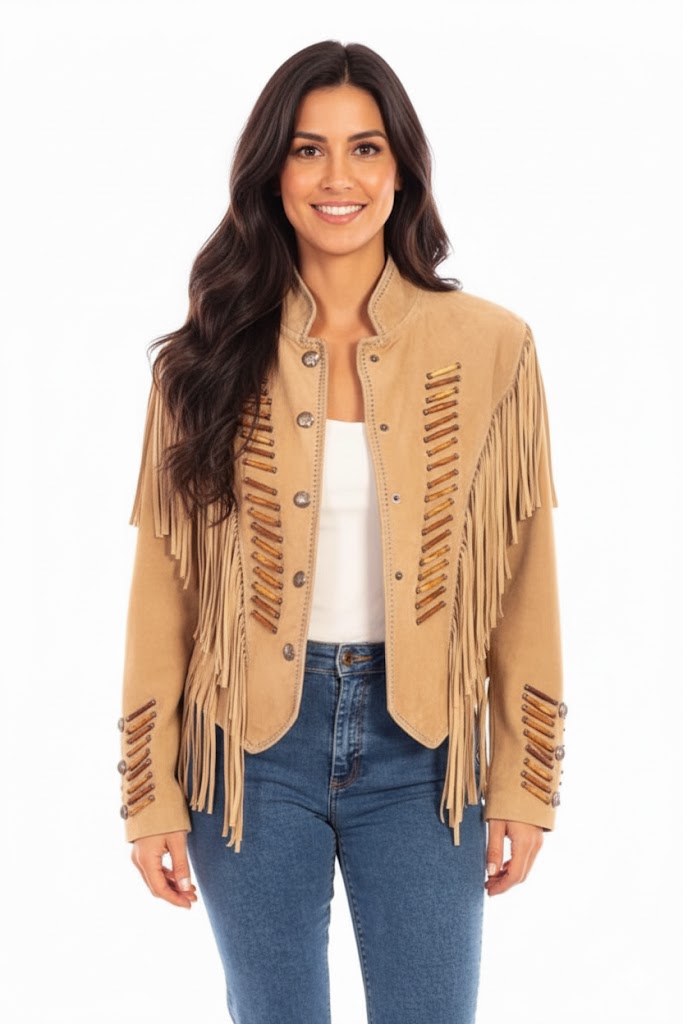 Old Rust genuine‑suede fringed jacket with bone‑bead buttons and concho accents.