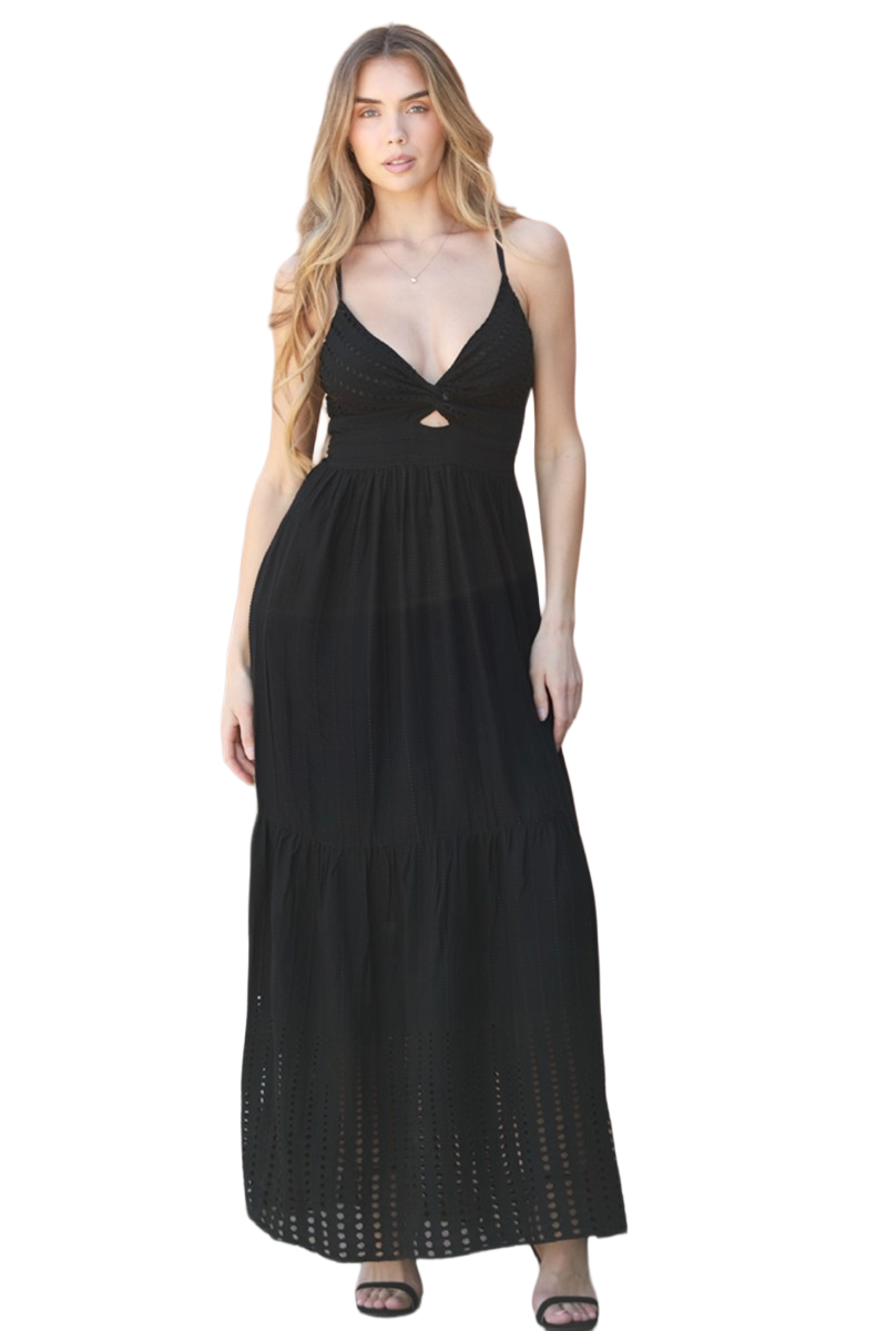 Black rayon twist‑front maxi dress with cutout detail and eyelet hem.