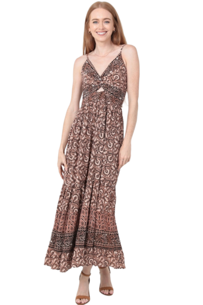 Rust‑tone paisley twist‑front cutout maxi dress with adjustable straps and a tiered skirt Style # C4G72-WB08