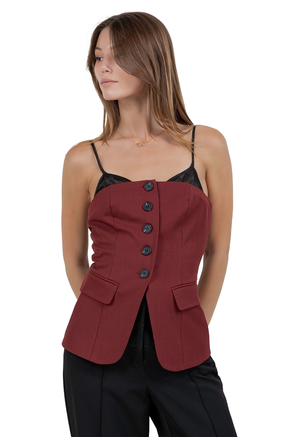 Burgundy tailored cami‑style vest by Whiteroom & Cactus.