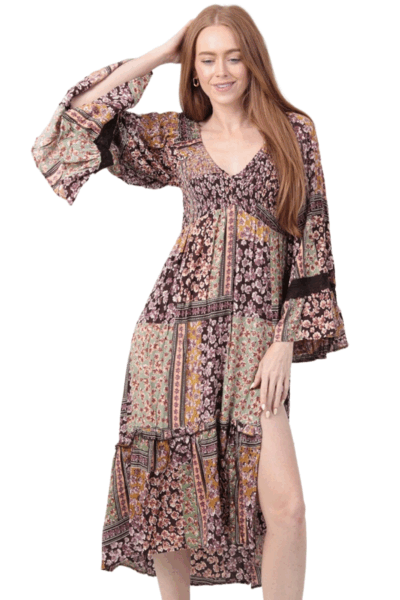 Angie Rayon Bell Sleeve Midi Dress | Earth-Hued Mosaic Style #C4H80-A947