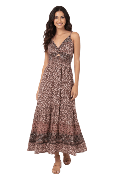 Angie Earthen Rhythm black and rust floral tribal print maxi dress with twist front cutout and tiered hem F4F50-A959.