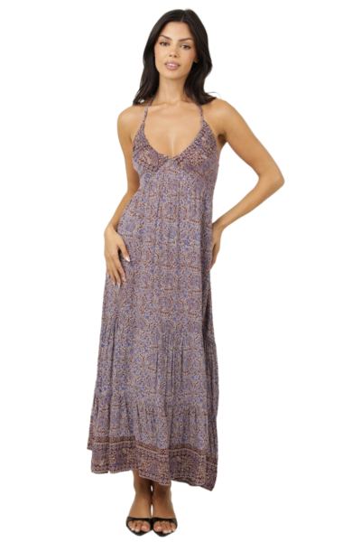 Angie Earthbound brown and indigo halter maxi dress with gold bead ties and tiered skirt C4G07-A959.