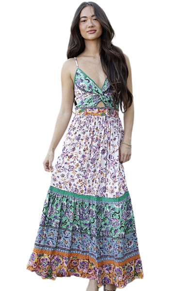 Lilac Nebula floral maxi dress with twist front cutout and green lace trim tiers F4F48-A972.